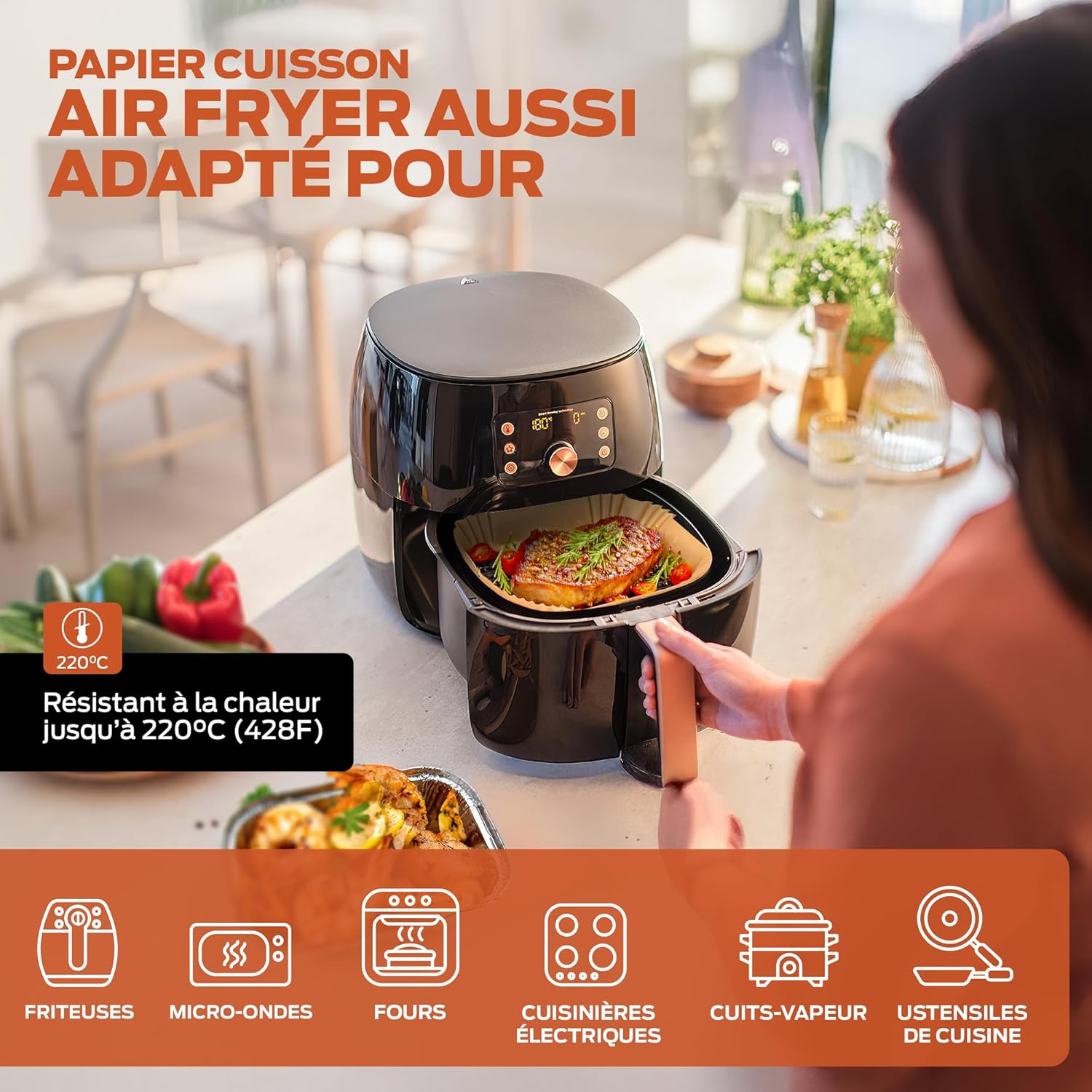 PORTENTUM - papier cuisson air fryer - 20x24cm - 100 pièces sans BPA