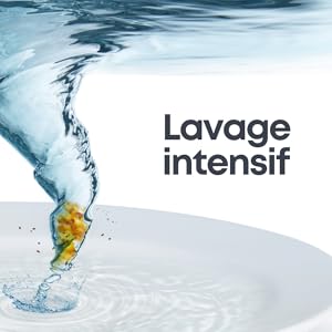 Illustration d'une action de nettoyage intense, montrant un vortex d'eau bleu attirant un objet jaune sur une surface blanche, étiquetée « Lavage