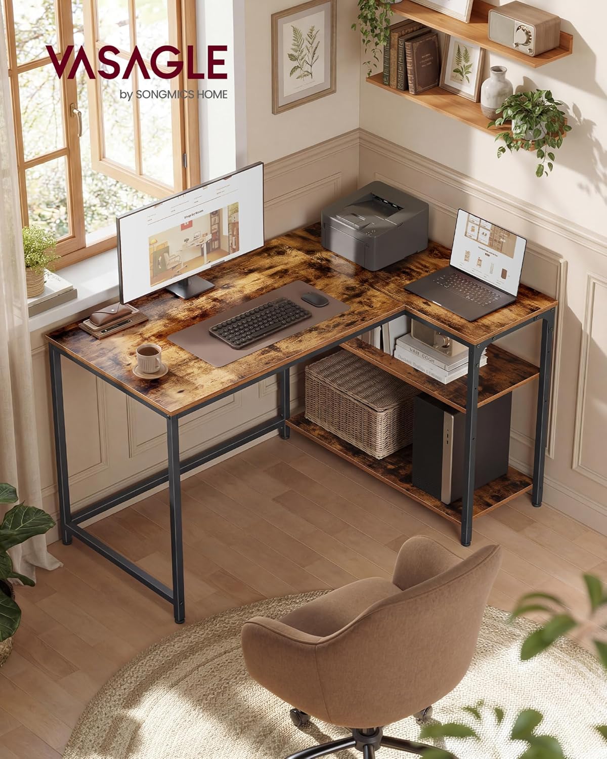 VASAGLE - Bureau en L - 110x80 cm - étagères ajustables, rangement, LWD135KD01