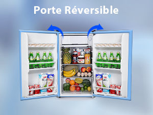 Réfrigérateur ouvert avec portes réversibles, montrant un intérieur rempli de nourriture et de boissons. Les flèches bleues indiquent le sens de rotation de la porte. Texte « Porte Réversible » visible ci-dessus
