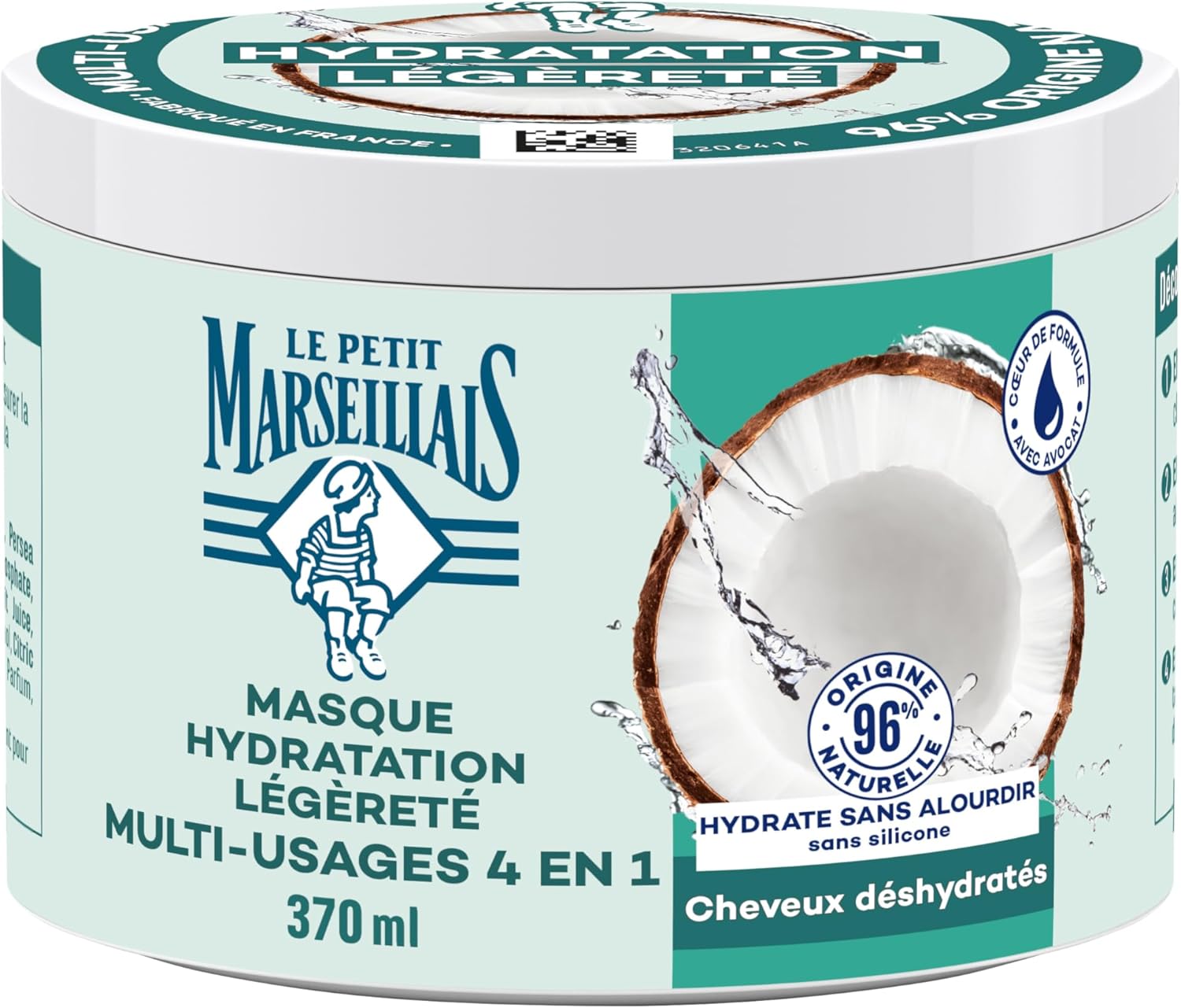 Le Petit Marseillais - Masque 4en1 Eau de Coco Bio 370ml - hydratant cheveux sans silicone 96% naturel