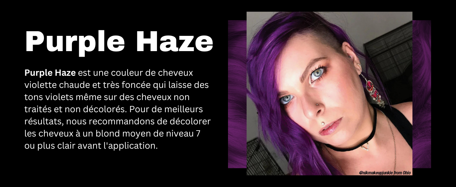 Publicité d'un produit de teinture capillaire violet vif. L'image montre une personne aux cheveux longs et ondulés teints dans une teinte violet vif, démontrant le résultat de la couleur