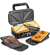 Appareil Gaufrier Croque Monsieur 3 en 1, 1200W Fohere Appareil à Sandwich avec 5 Vitesses Contrô...