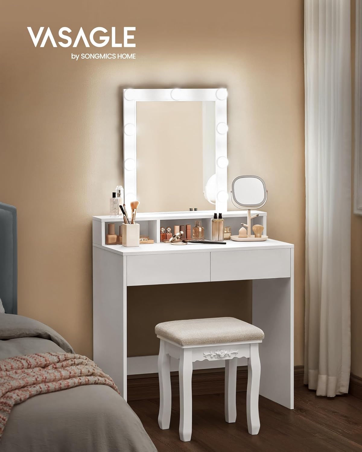 VASAGLE - Kailyn Collection - coiffeuse LED, 2 tiroirs, 3 compartiments, style moderne, blanc - RDT114WB01