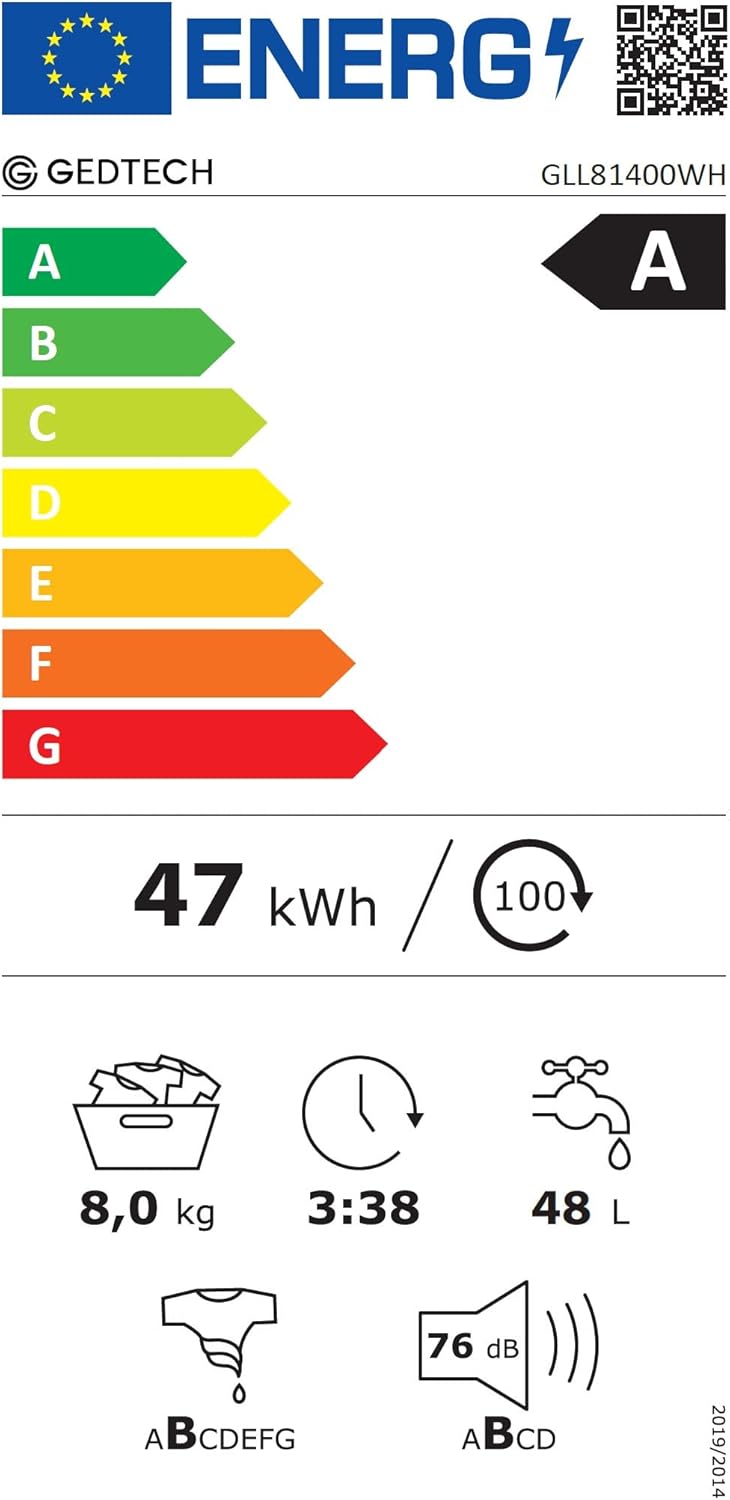 GEDTECH - lave-linge frontal 8kg 1400tr/min, classe A, 16 programmes - GLL81400WH