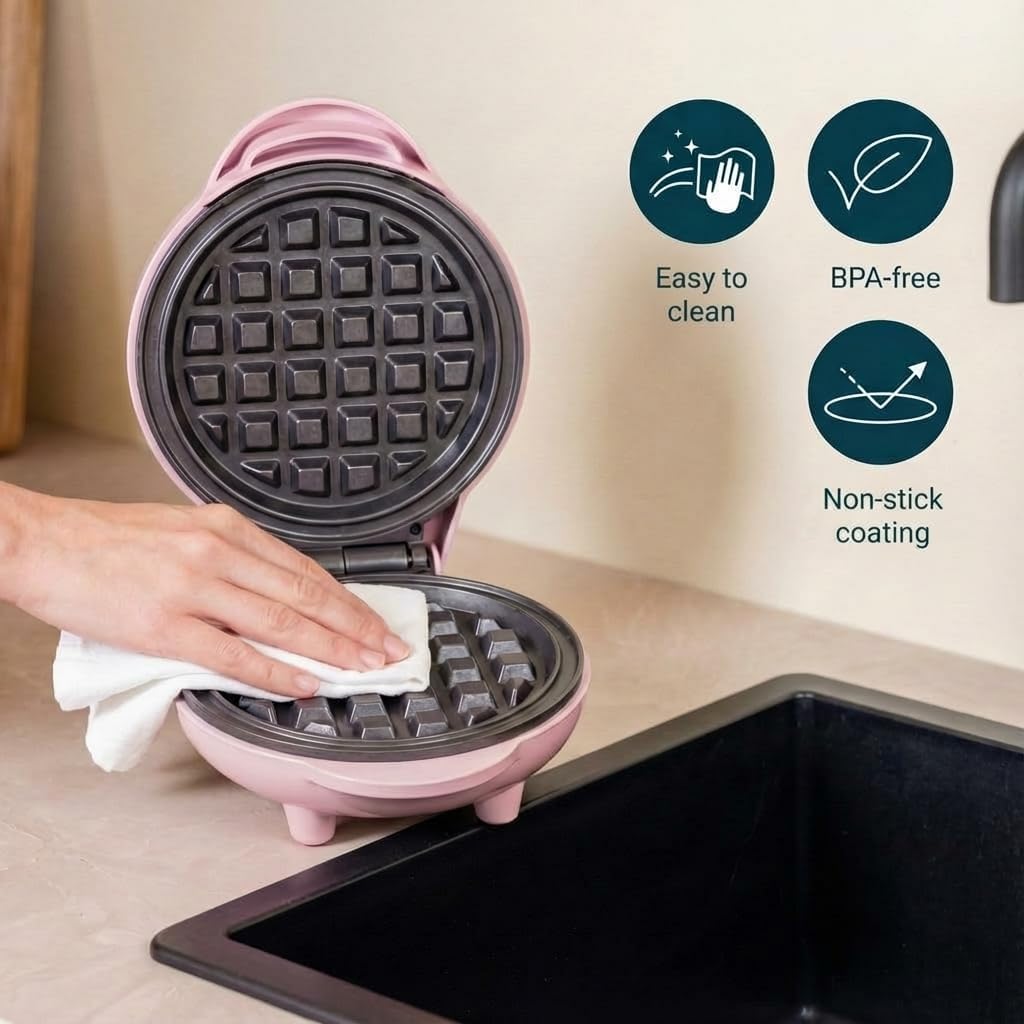 Bestron - Mini gaufrier rétro, revêtement antiadhésif, rose, compact