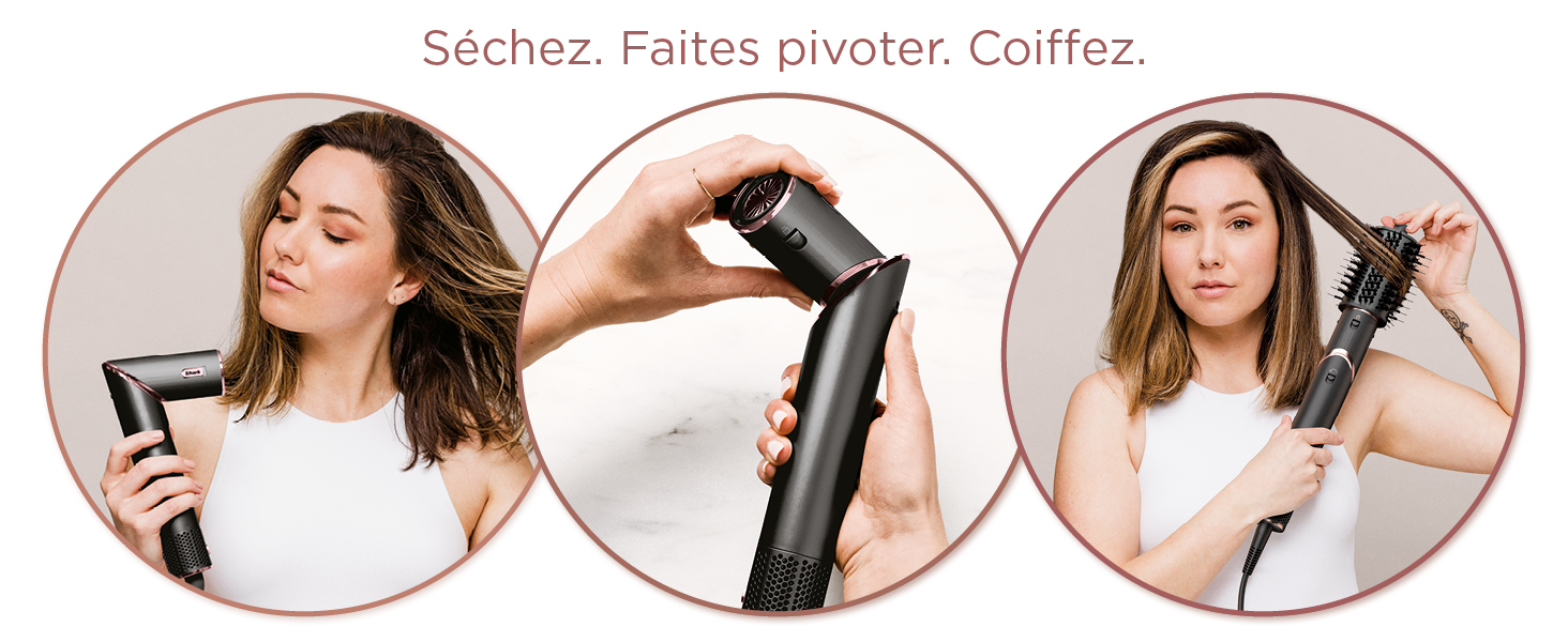 Séquence d'images circulaires montrant le processus et la technique de coiffure à l'aide d'un appareil de coiffage électronique.