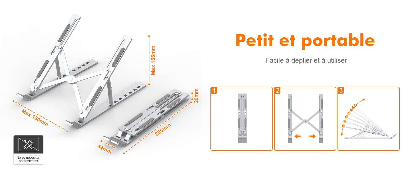 Le texte indique « Petit et portable ». Schéma technique montrant les étapes d'assemblage ou de réglage de ce qui semble être un dispositif pliable ou ajustable.