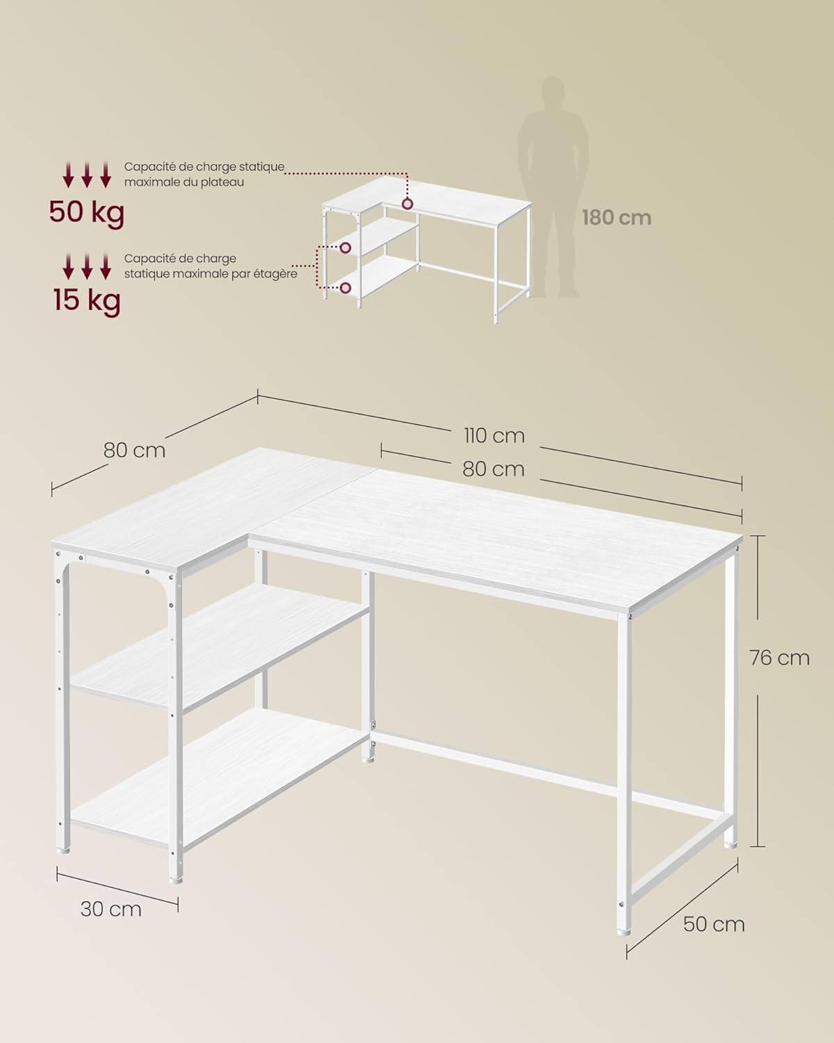 VASAGLE - Bureau en L avec rangement, étagères réglables, 110x80 cm, LWD135WF01