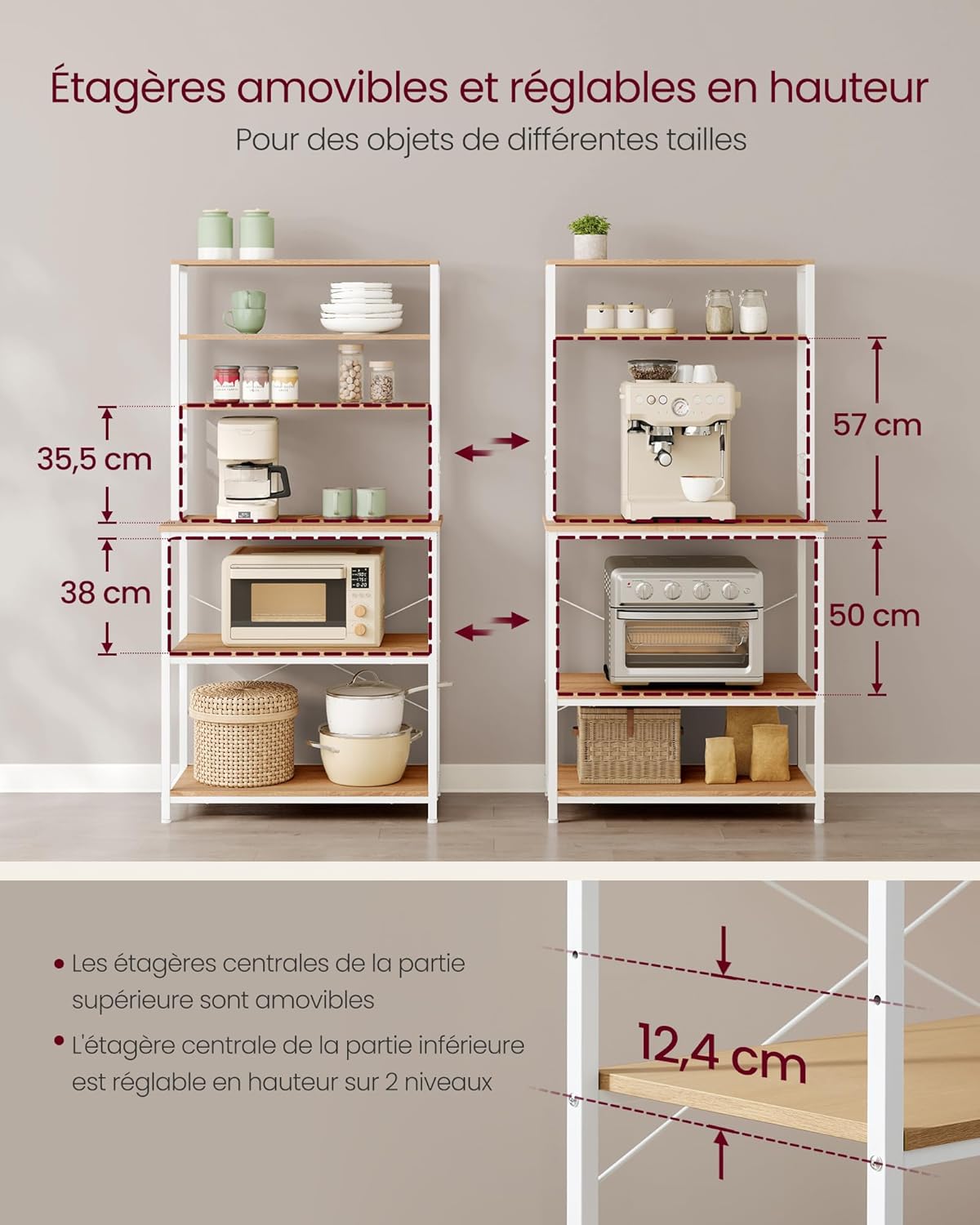 VASAGLE - étagère cuisine industrielle, 40x80x167cm, 6 niveaux, 6 crochets, KKS019W09