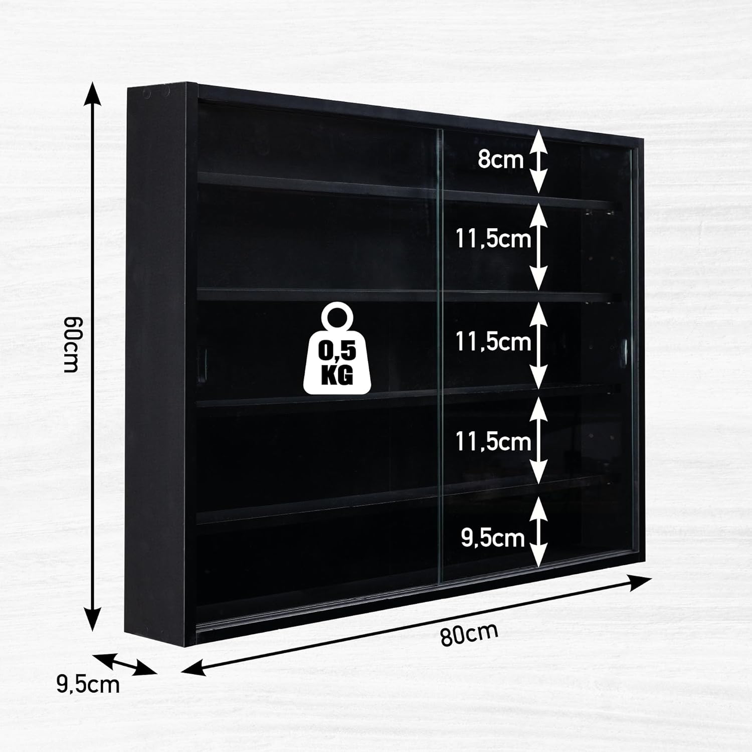 Inter Link - vitrine murale Blacklava - 80x60x9.5cm - 5 compartiments, 4 étagères, MDF noir