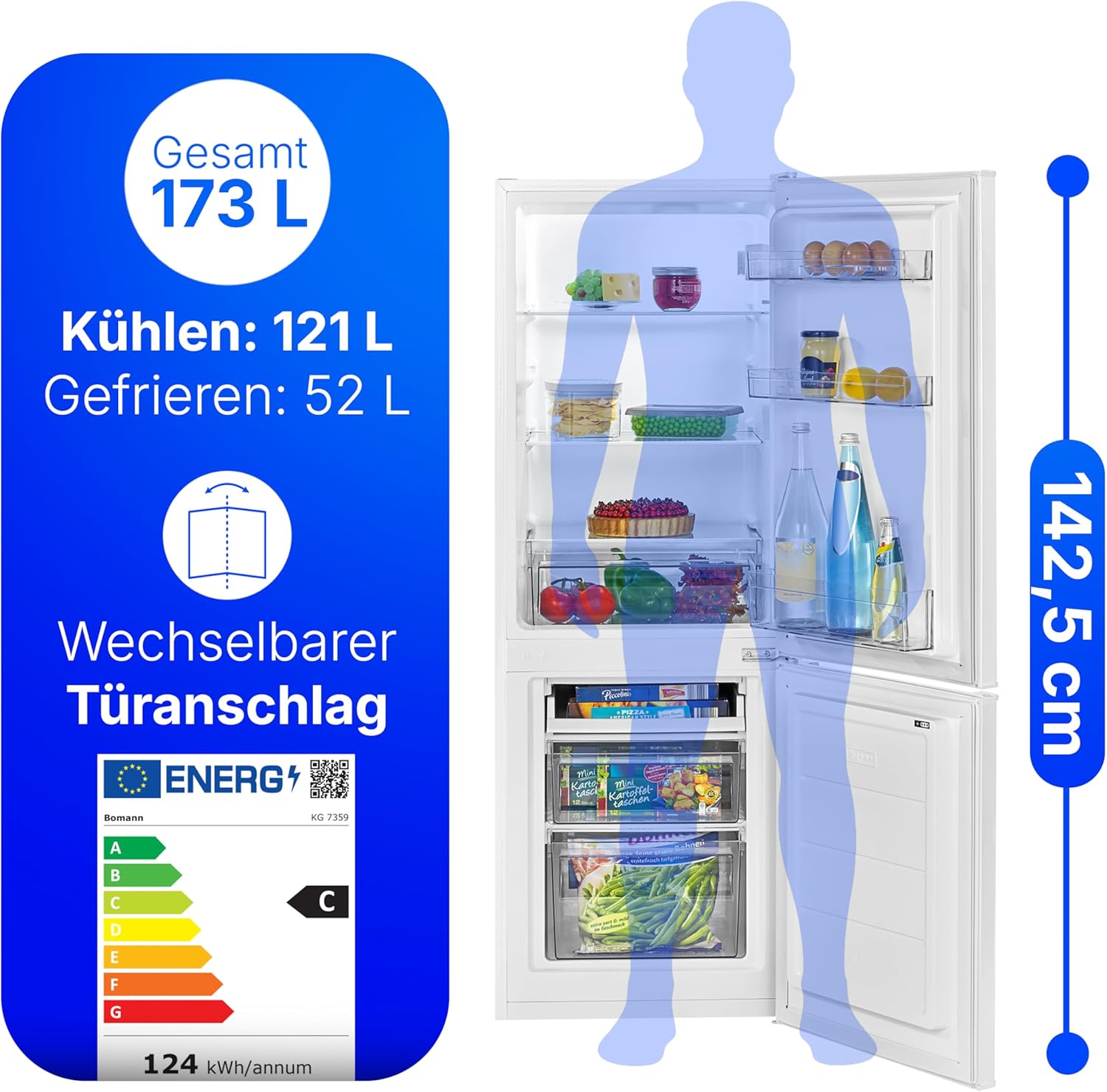 Bomann - Réfrigérateur congélateur 173L, éclairage LED, bac légumes, KG7359