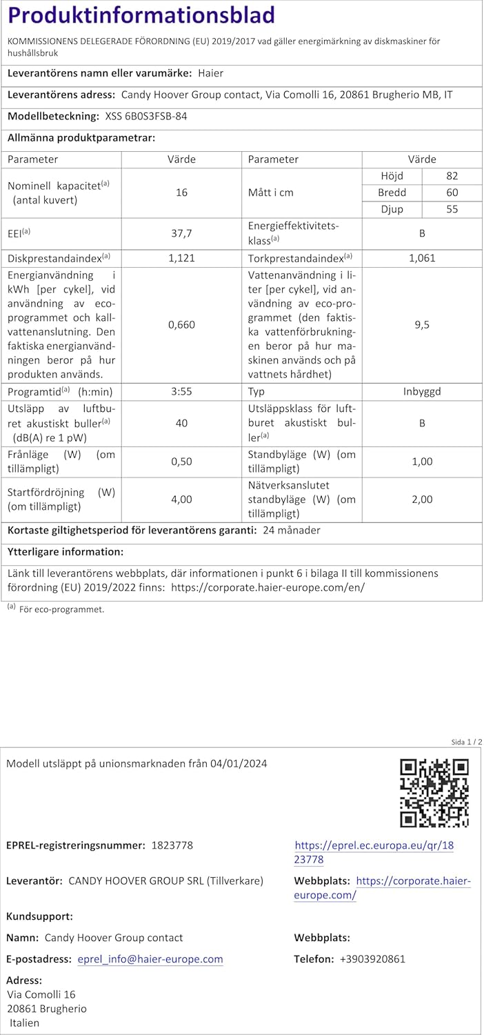 Haier - lave-vaisselle encastrable série XS - 60 cm - 6 programmes - XS6B0S3FSB
