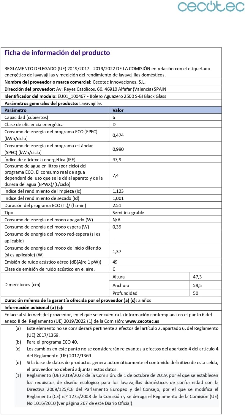 Cecotec - Bolero Aguazero 2500 S-BI - compact 6 couverts - 5 programmes, verre noir, départ différé, 1380W, 2500 S-BI