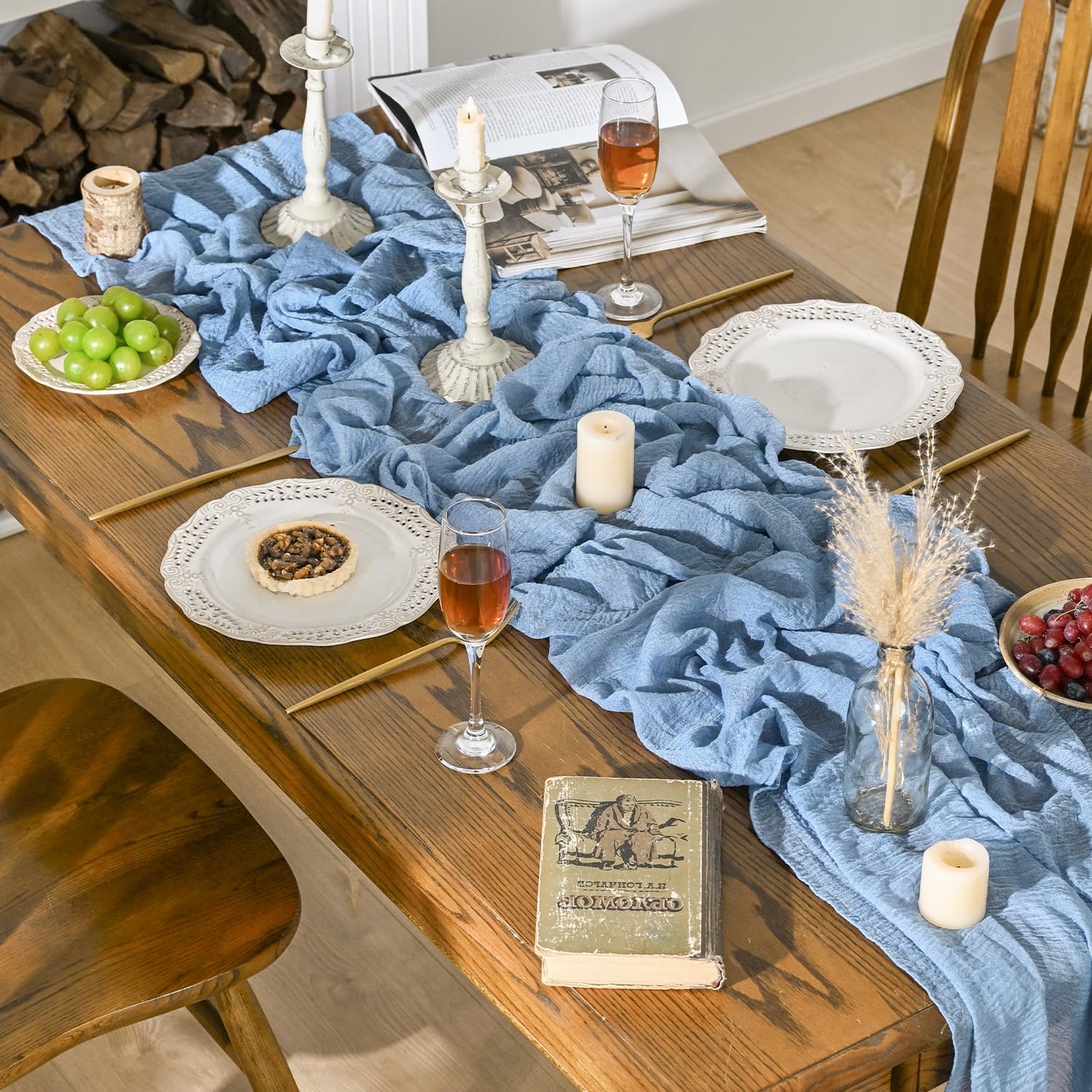 Artoid Mode - série Chemins de Table - 300 cm - gaze mousseline bleu bohême, idéal mariage/anniversaire