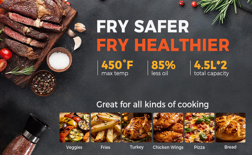 Le texte indique « FRY SAFER FRY HEALTHIER » avec les spécifications de température. Image marketing montrant des viandes grillées et des aliments frits avec le texte « Idéal pour tous les types de cuisine » et des étiquettes de type d'aliment.