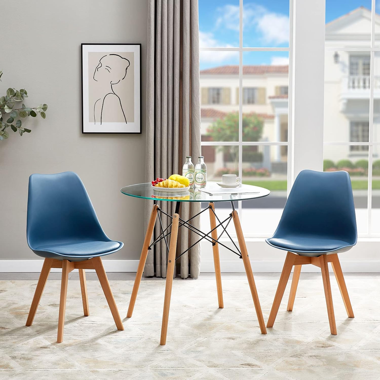 EGGREE - lot de 4 chaises scandinaves - bois hêtre, rembourrées, bleu foncé