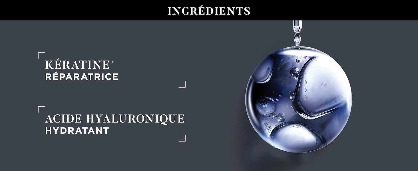 Le texte indique « INGRÉDIENTS », « KÉRATINE » et « ACIDE HYALURONIQUE ». Panel noir des ingrédients des produits cosmétiques répertoriant la kératine et l'acide hyaluronique.