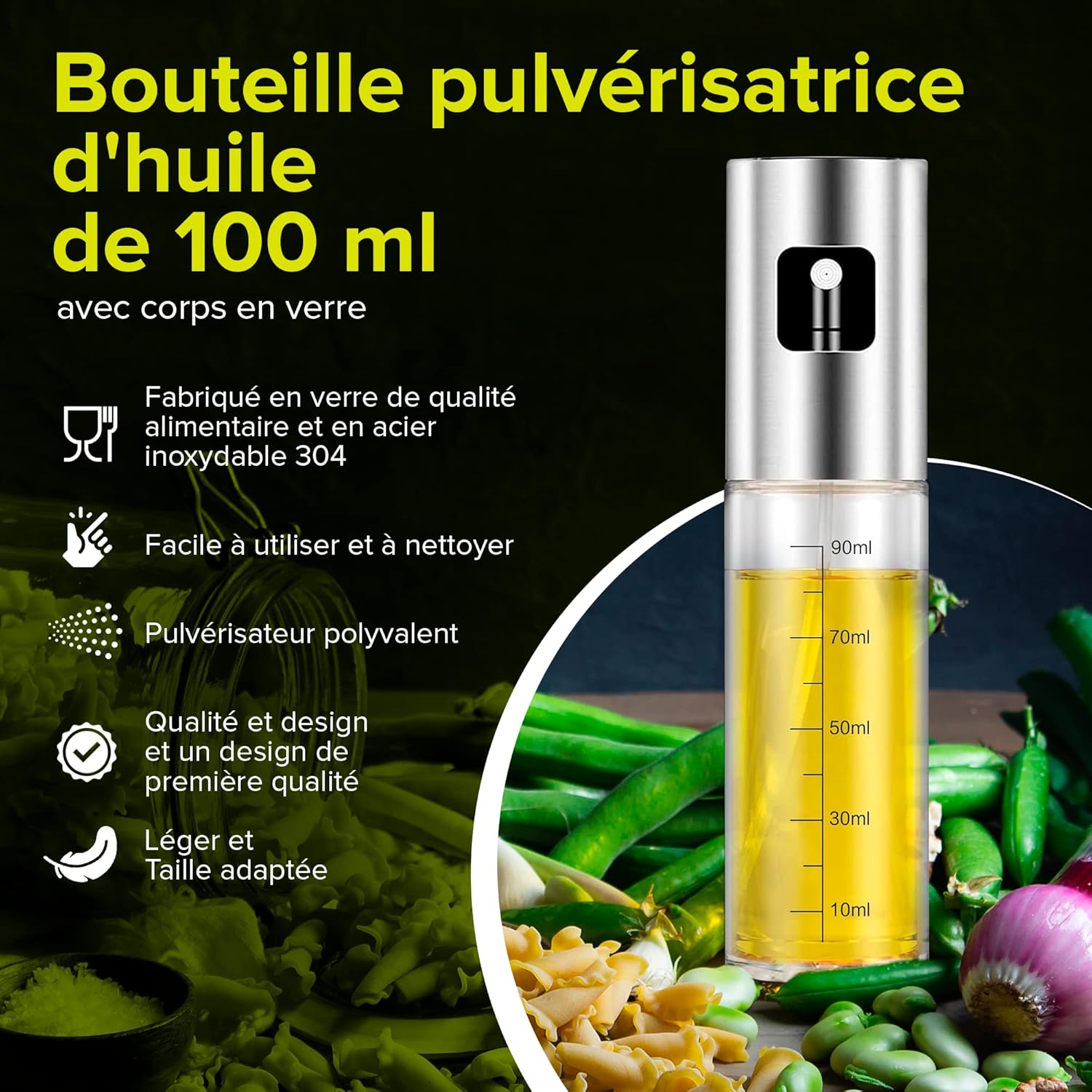 PORTENTUM - Pulvérisateur d'huile Premium 100ml - verre, anti-goutte, accessoire friteuse