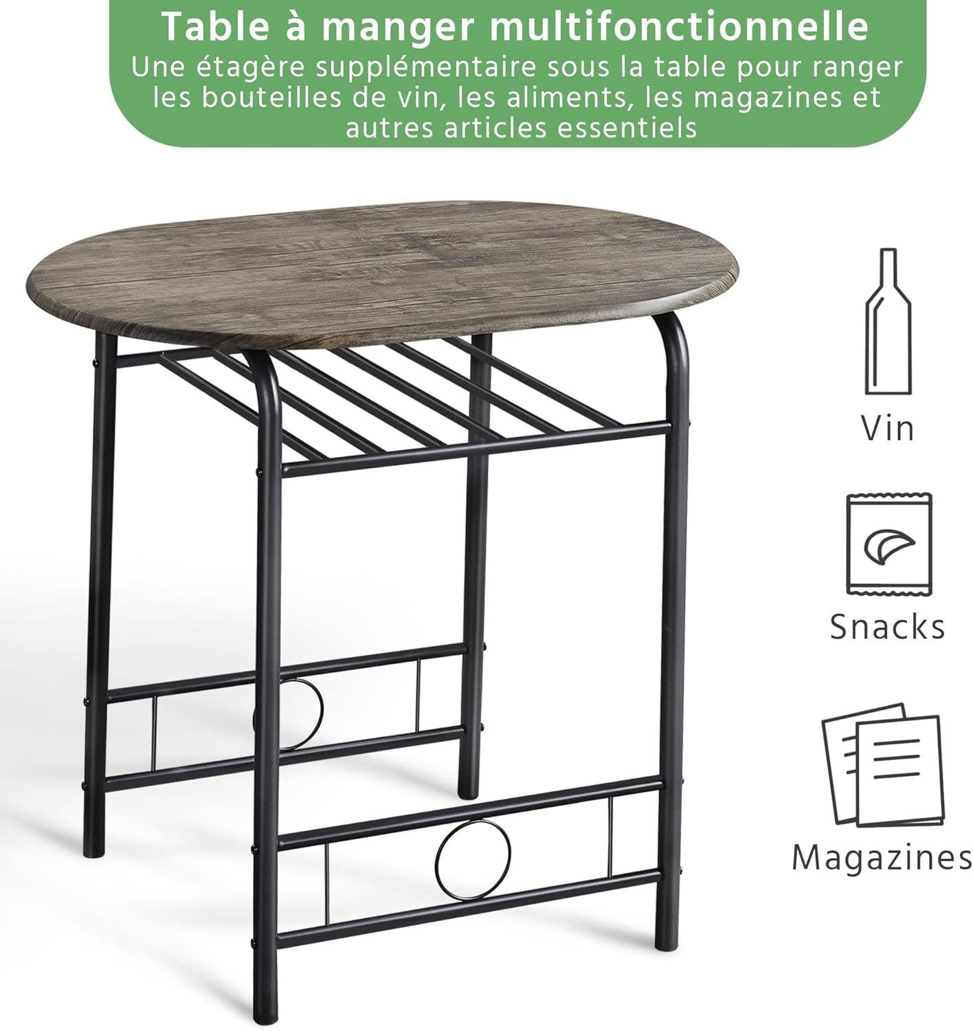 Yaheetech - ensemble table à manger 3 pièces - bois gris/noir - porte-bouteilles, compact