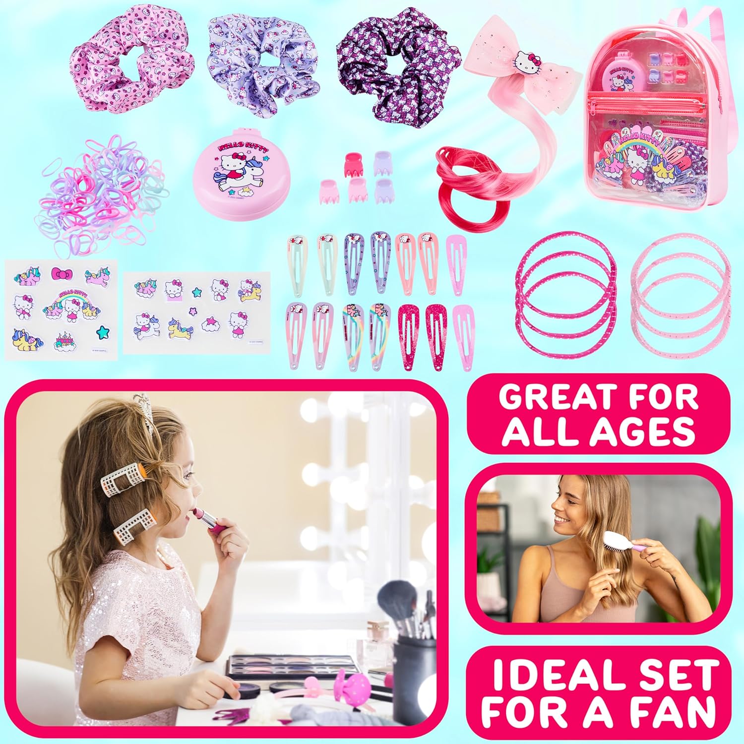 Get Trend - Coffret accessoires Hello Kitty - sac à dos, barrettes, stickers, brosse, élastiques, rose