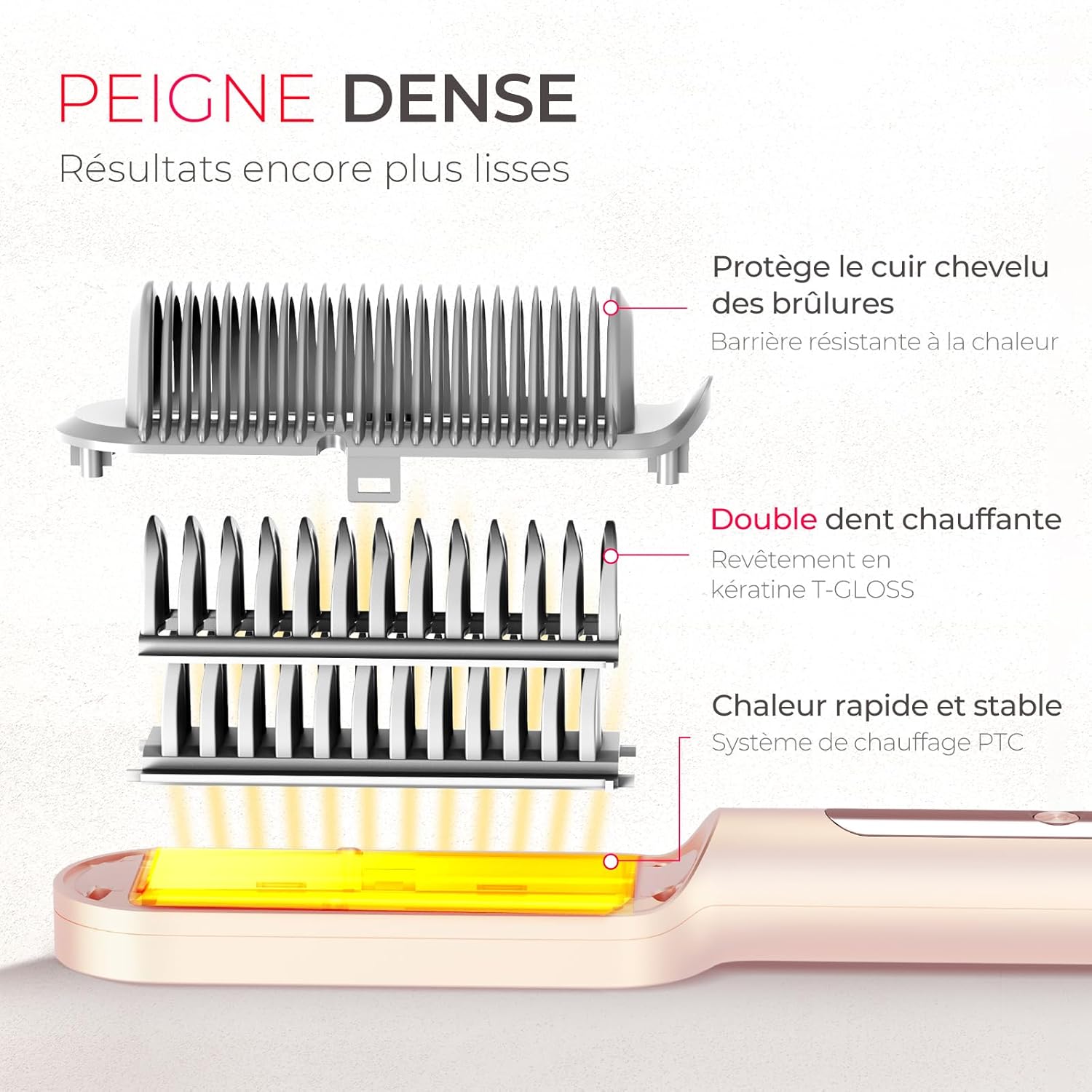 TYMO - Ring Plus - Brosse lissante, 9 températures, 120-210°C, ions négatifs, LCD, chauffe rapide, doré