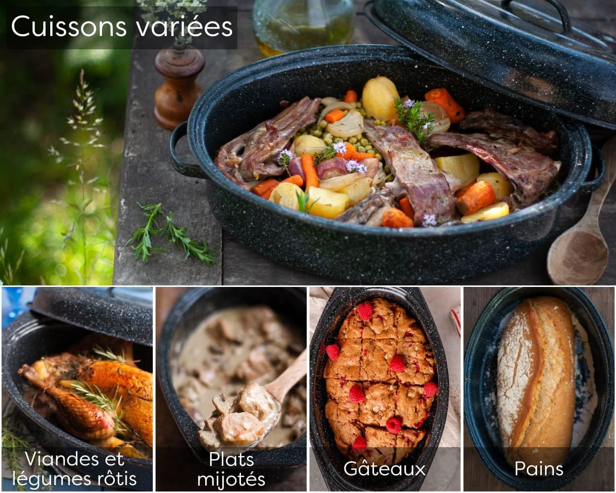 GRANITEWARE - Cocotte Roaster émaillée - format moyen - grille inox, livre recettes