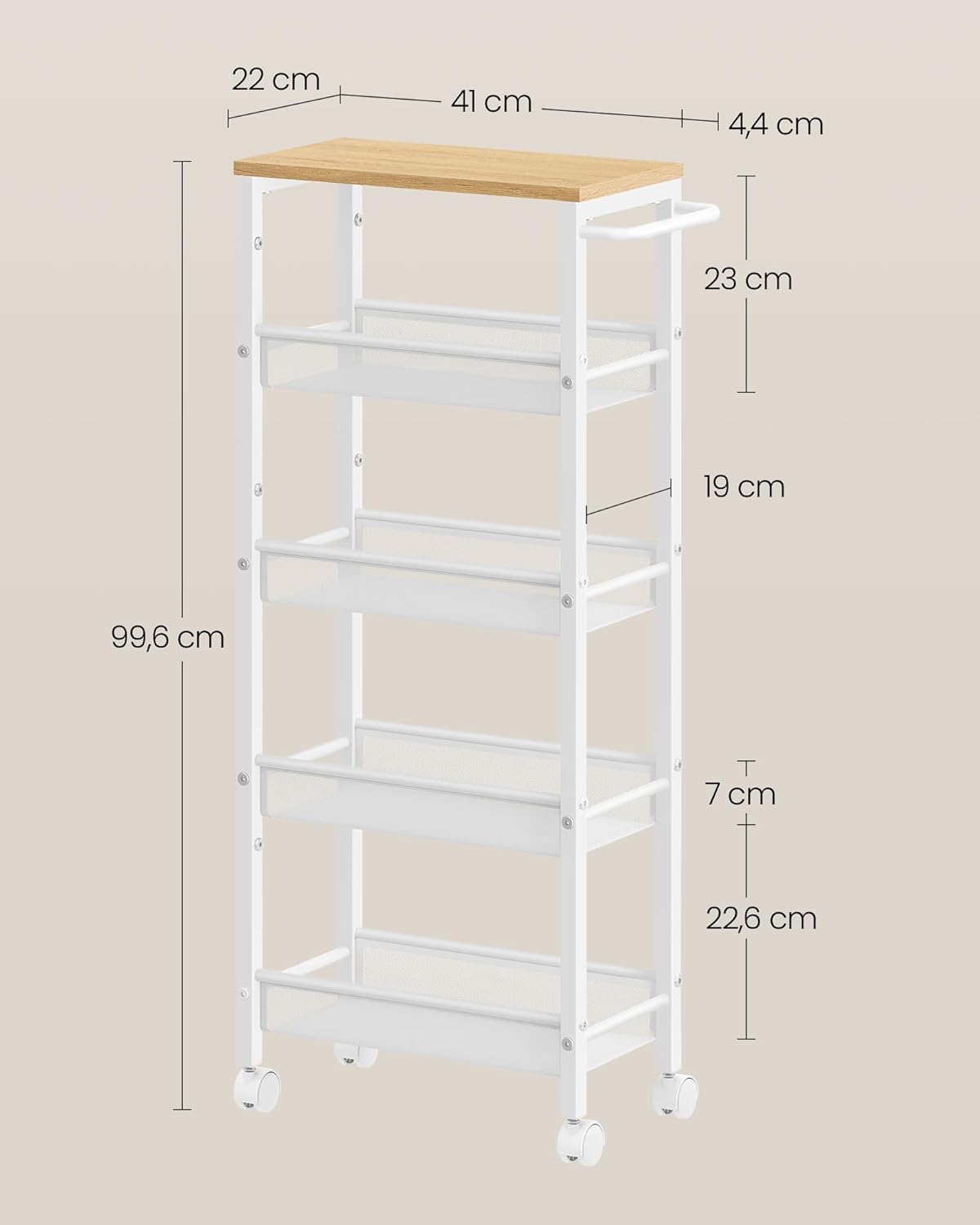 VASAGLE - desserte 5 niveaux - 22x45,4x99,6cm - acier, roulettes, poignée, compact - LRC035W09