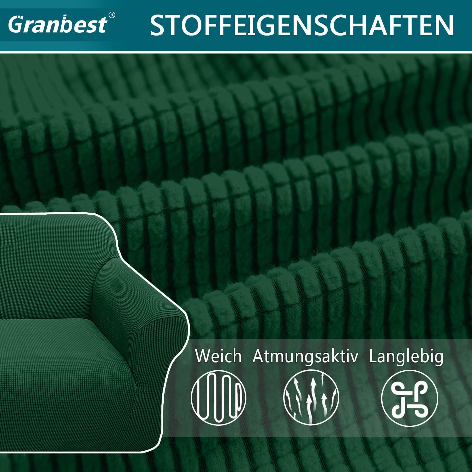 Granbest - Housse de canapé moderne - 2 places - jacquard élastique, protection animaux, vert foncé