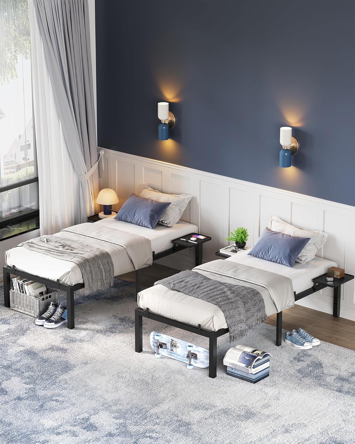 VASAGLE - cadre de lit simple - 90x190 cm - métal noir, étagères, montage facile - RMB091B01V1