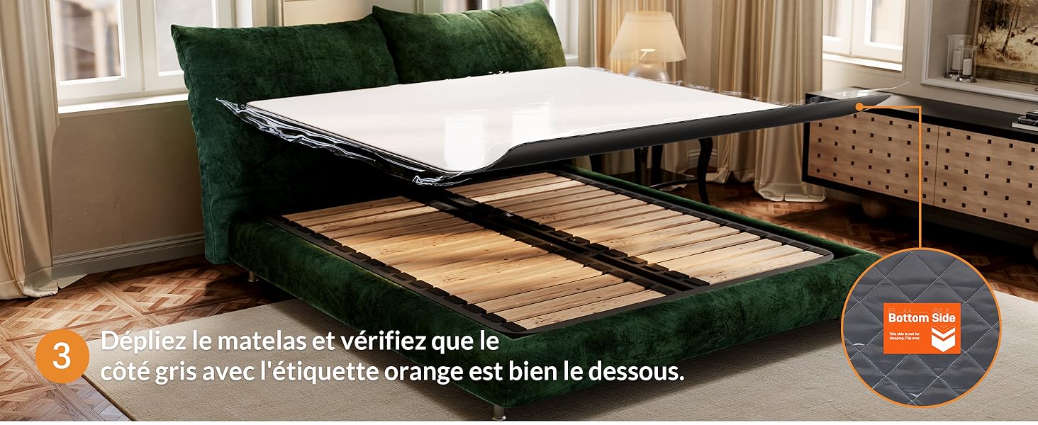 Série d'images montrant des démonstrations de matelas ou de produits de literie dans des chambres modernes avec de la literie blanche et des meubles en bois.