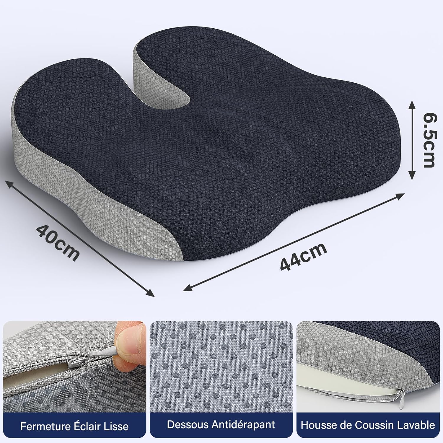 Coussin coccyx - ergonomique, soulage douleur hanches & sciatique, assise chaise bureau, gris foncé