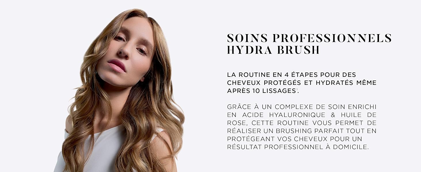 Le texte indique « SOINS PROFESSIONNELS HYDRA BRUSH ». Mise en page publicitaire de produits de beauté avec superposition de texte.