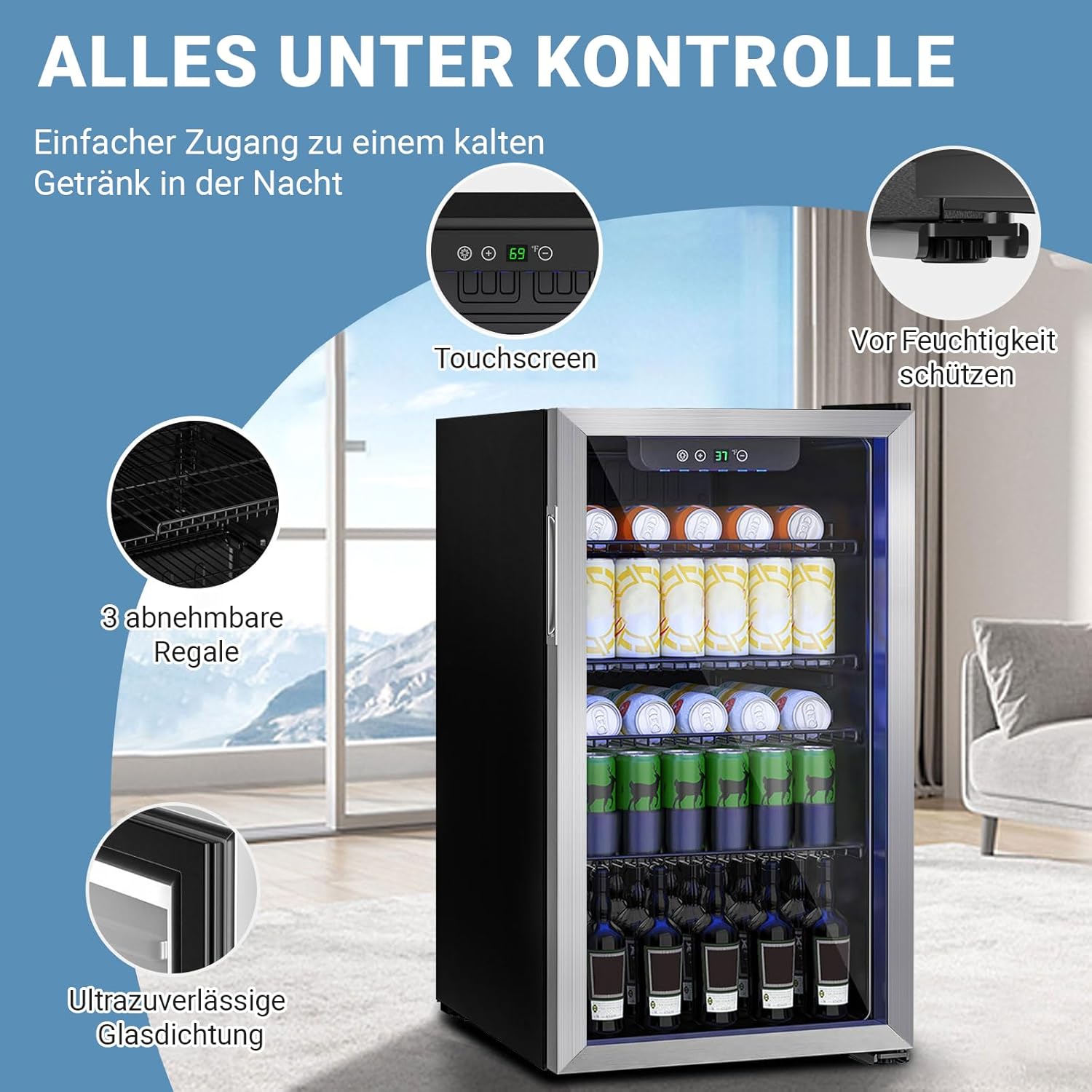 Mini-réfrigérateur - 80L - porte vitrée, 115 canettes, étagères réglables, affichage numérique