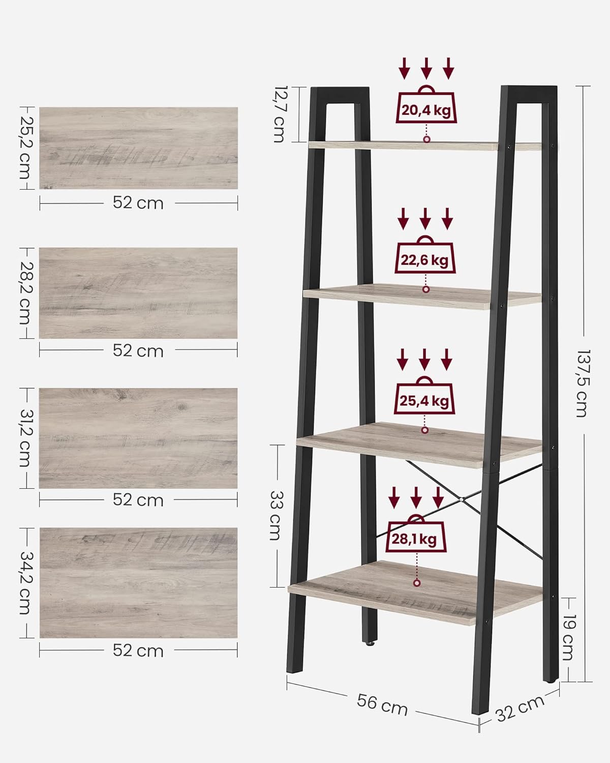 VASAGLE - étagère échelle bois/acier, 34x56x137,5 cm, gris/noir