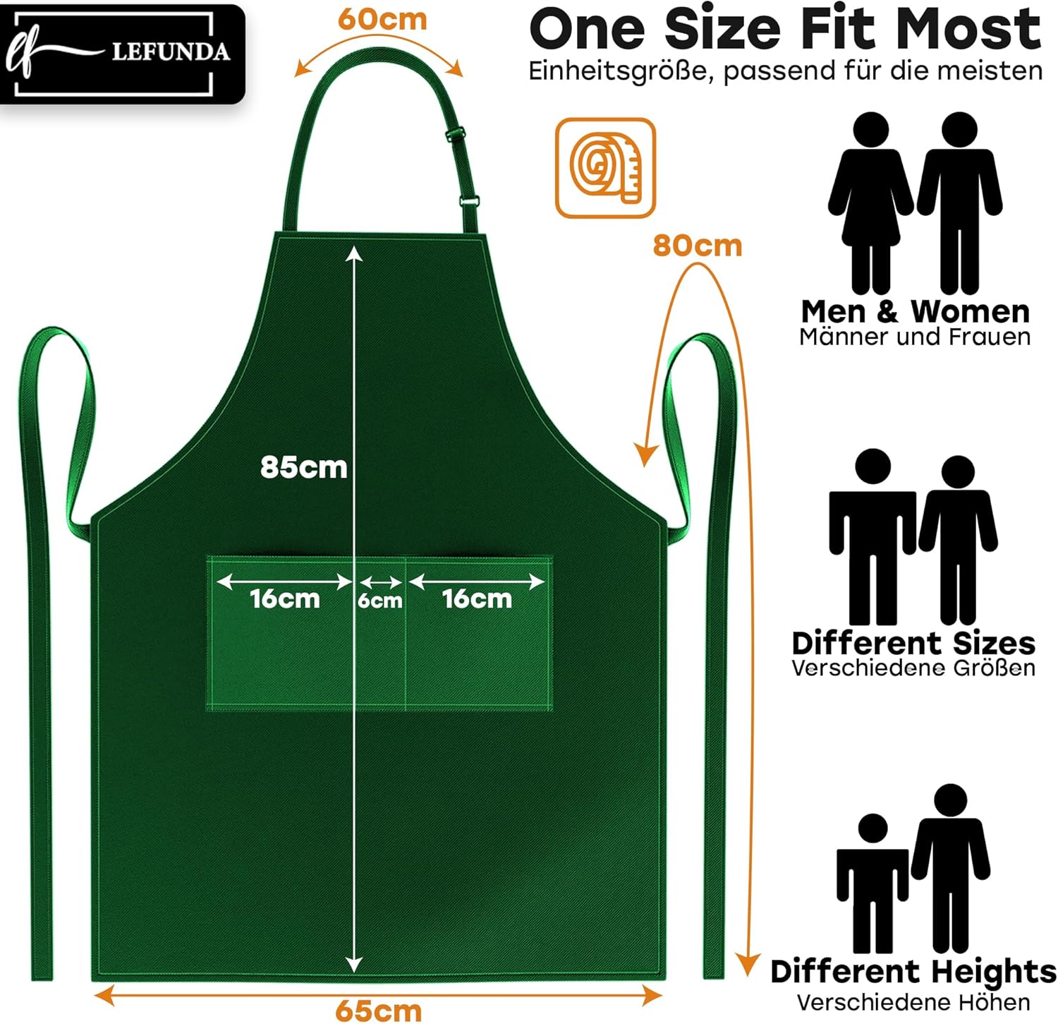LEFUNDA - Tablier étanche 3 poches réglable - longues lanières, professionnel, mixte