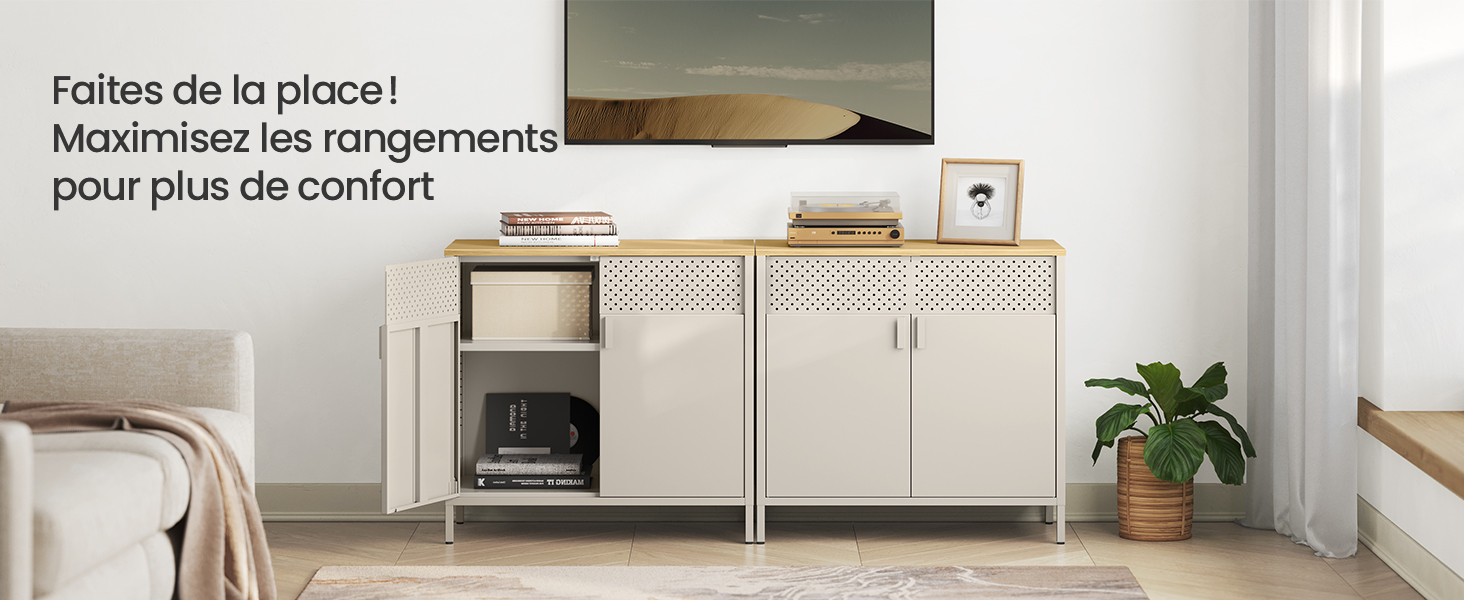 Meubles de rangement de cuisine modulaires de couleur claire avec plusieurs tiroirs et armoires. Le texte en français mentionne la maximisation du rangement pour plus de confort.