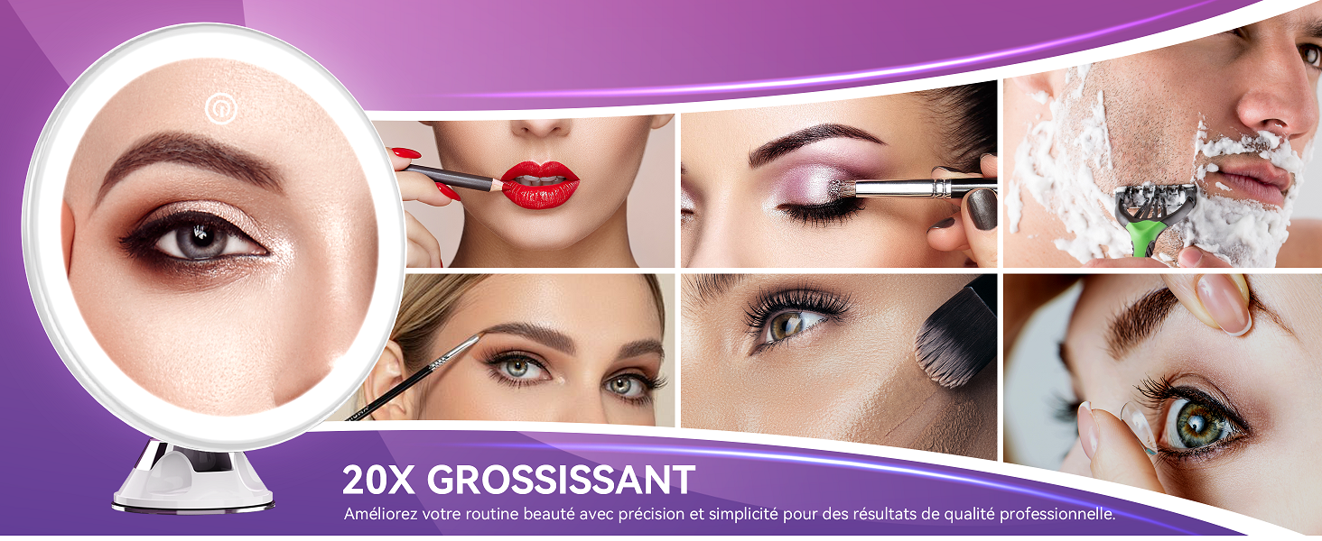 Le texte indique « 20X GROSSISSANT ». Collage montrant des scènes rapprochées de beauté et d'applications cosmétiques, avec des pinceaux de maquillage, des produits de soin de la peau et des soins de beauté.