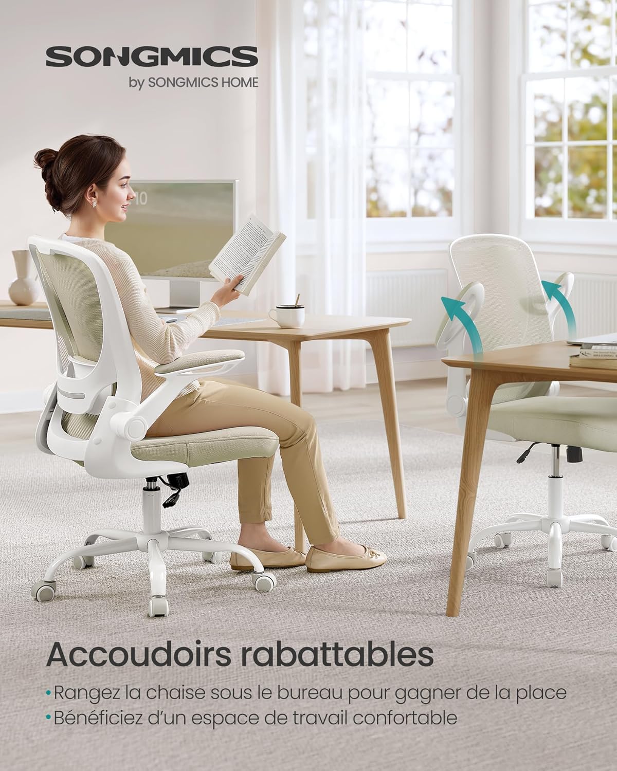 SONGMICS - chaise de bureau ergonomique - 53cm - maille, support lombaire, accoudoirs rabattables, OBN037K02