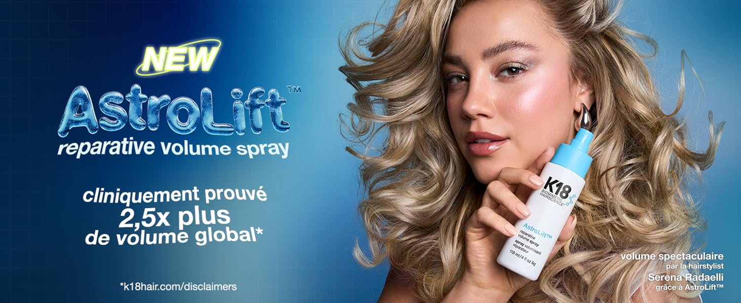 Le texte se lit comme suit : « NOUVEAU AstroLift 2.5x plus de volume global ». Publicité montrant un produit de coiffure avec un flacon pulvérisateur blanc sur fond bleu.