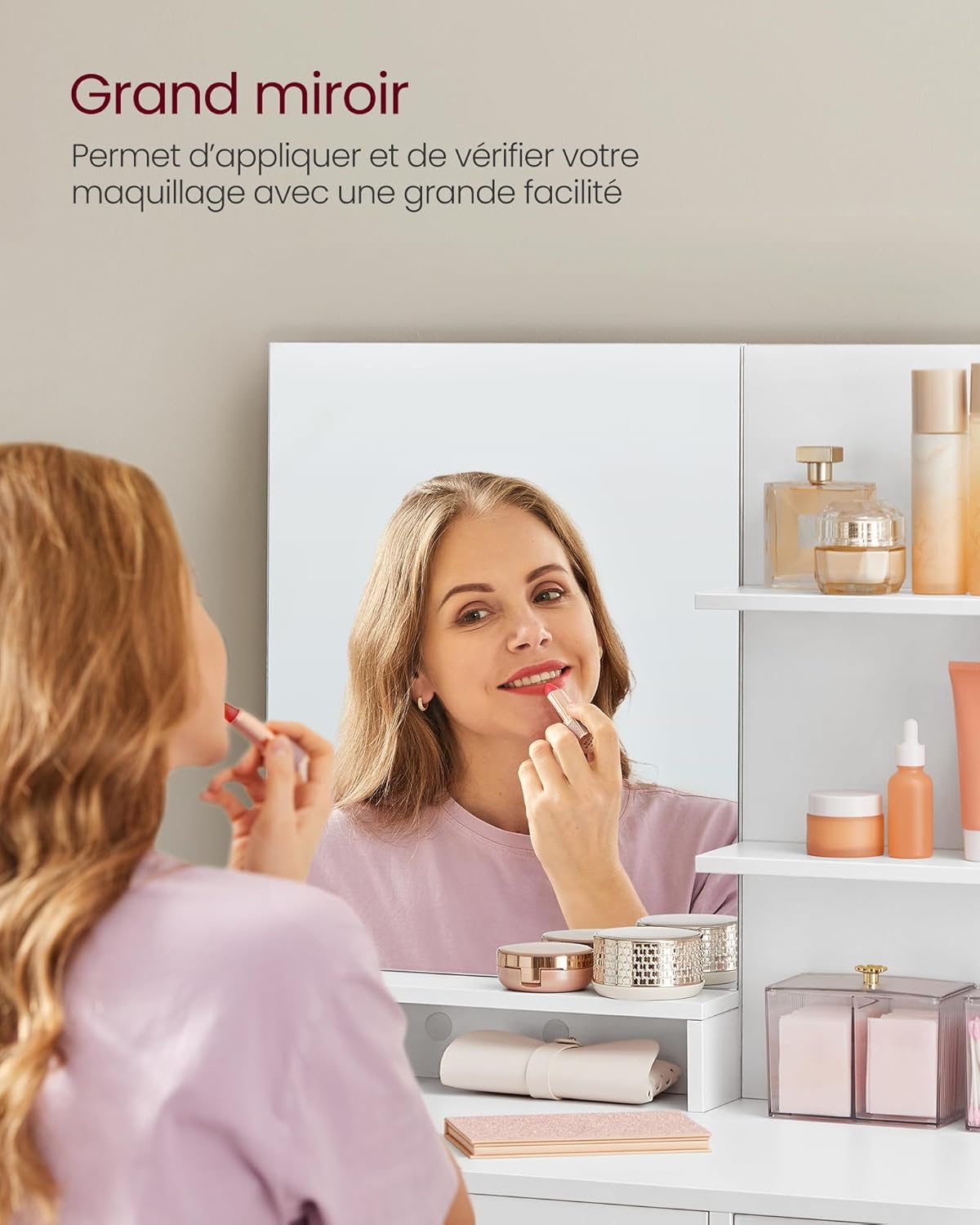 VASAGLE - Kailyn Collection coiffeuse, miroir, tabouret, étagères, blanc, RDT719W01