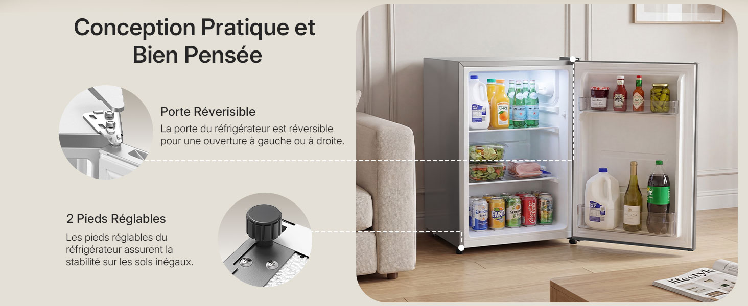 Le texte se lit comme suit : « Conception Pratique et ». Série de photos de design d'intérieur montrant des espaces minimalistes modernes avec des murs blancs, des meubles et des solutions de rangement.