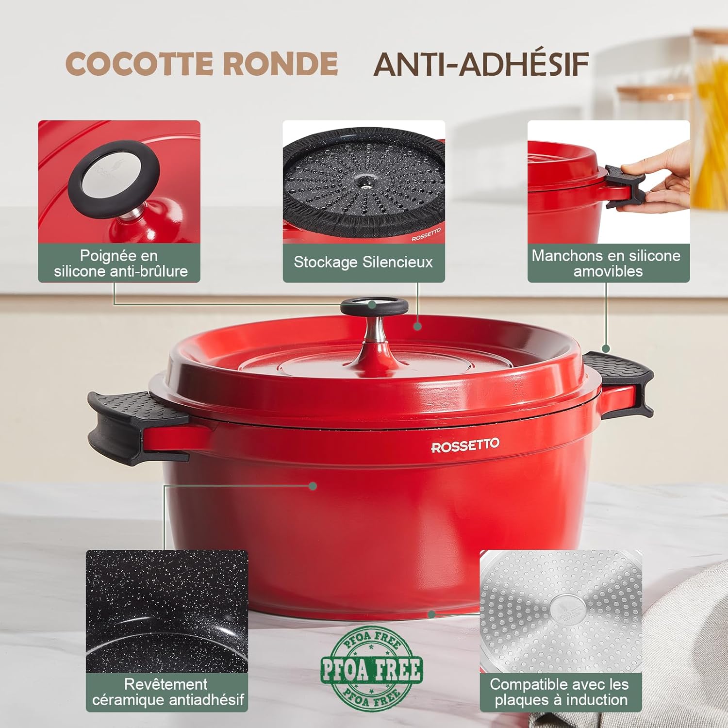 Rossetto - cocotte ronde 28cm - fonte d’aluminium, céramique, 6,6L, induction, four 220°C