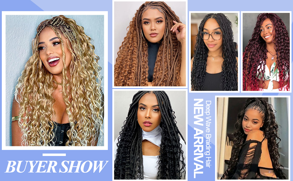 Image composite montrant différentes coiffures, avec des looks longs, bouclés et tressés de différentes couleurs, y compris le blond, le marron