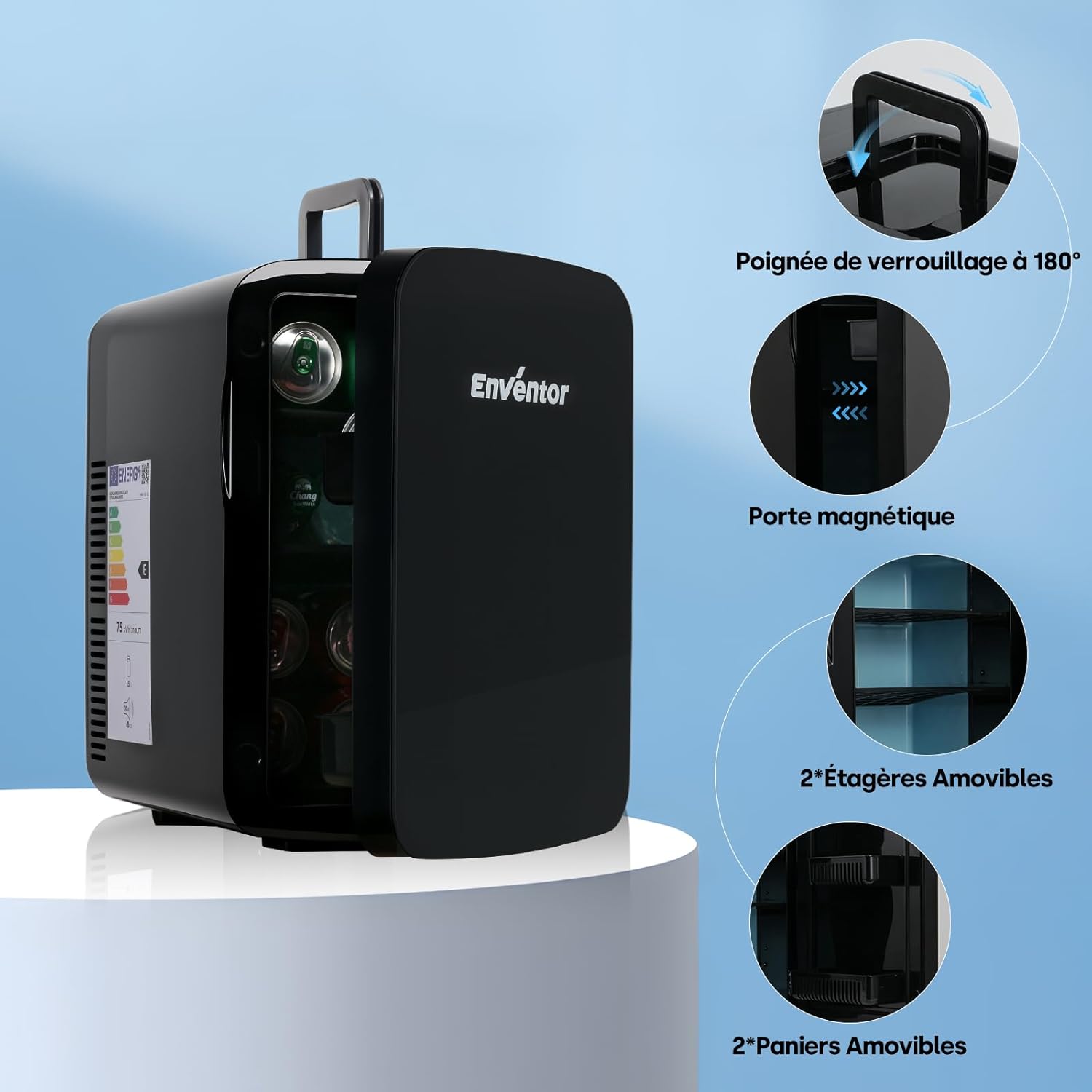 Enventor - Mini Frigo 15L, modes chaud/froid, portable, silencieux