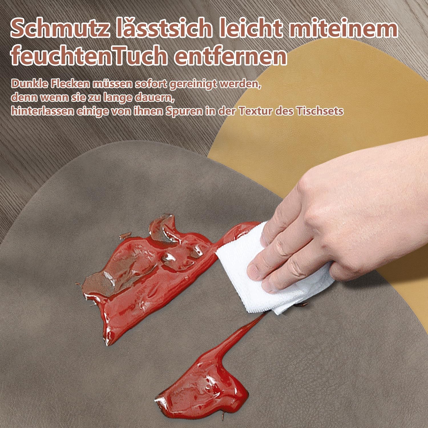 Set de table - ovale 41x33cm - lavable, antidérapant, PU double face, lot de 6, marron clair