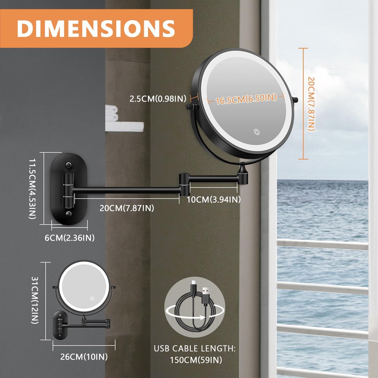 Auxmir - miroir mural maquillage 1x/20x - USB, pivotant, tactile, 3 couleurs