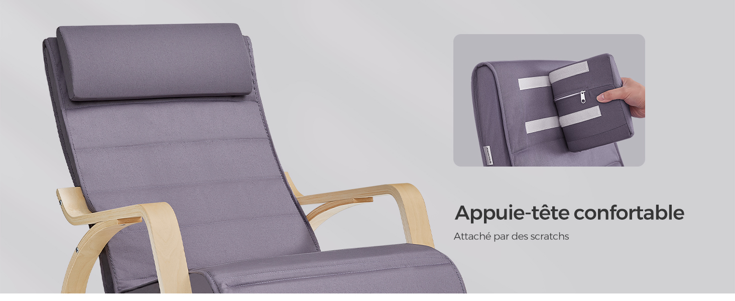 avec accoudoirs en bois et appui-tête réglable, avec un gros plan du mécanisme de réglage de l'appui-tête dans une