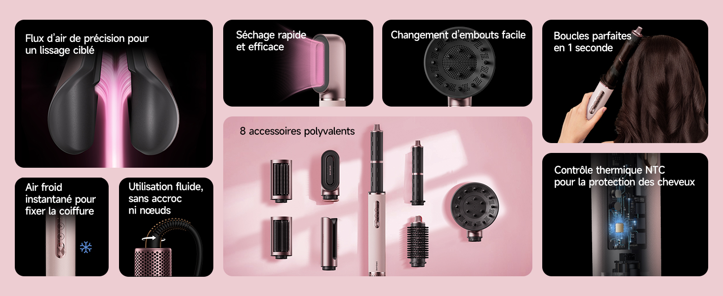 Séquence de démonstration de produits montrant des articles de beauté ou cosmétiques de couleur noire et rose sur fond rose avec des illustrations pédagogiques.
