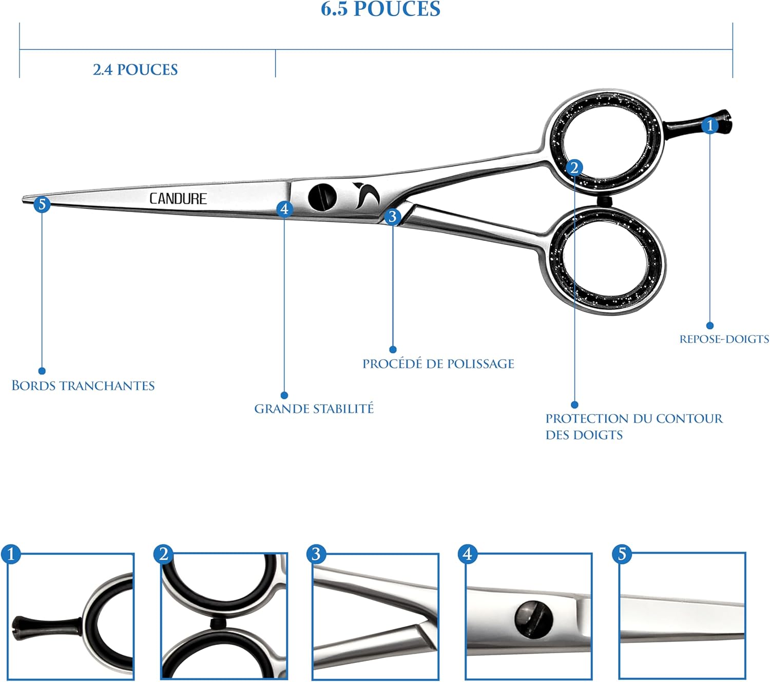 Candure - ciseaux de coiffure pro 6.5'' - inox, coupe précise